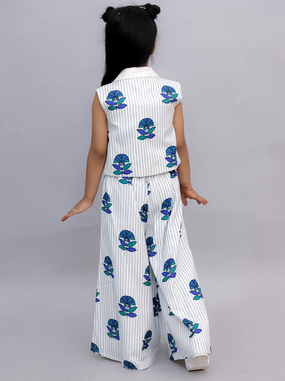 Shor-Gul White Jacket and Pant With Blue Bustier Set For Girls