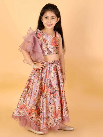 Girls choli with organza sleeves with printed ghaghra set