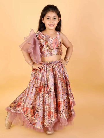 Girls choli with organza sleeves with printed ghaghra set