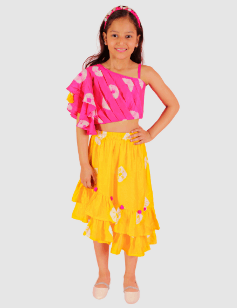 Girls Fusion Tie & Dye Tiered Skirt with one shoulder Top with pom pom detailing