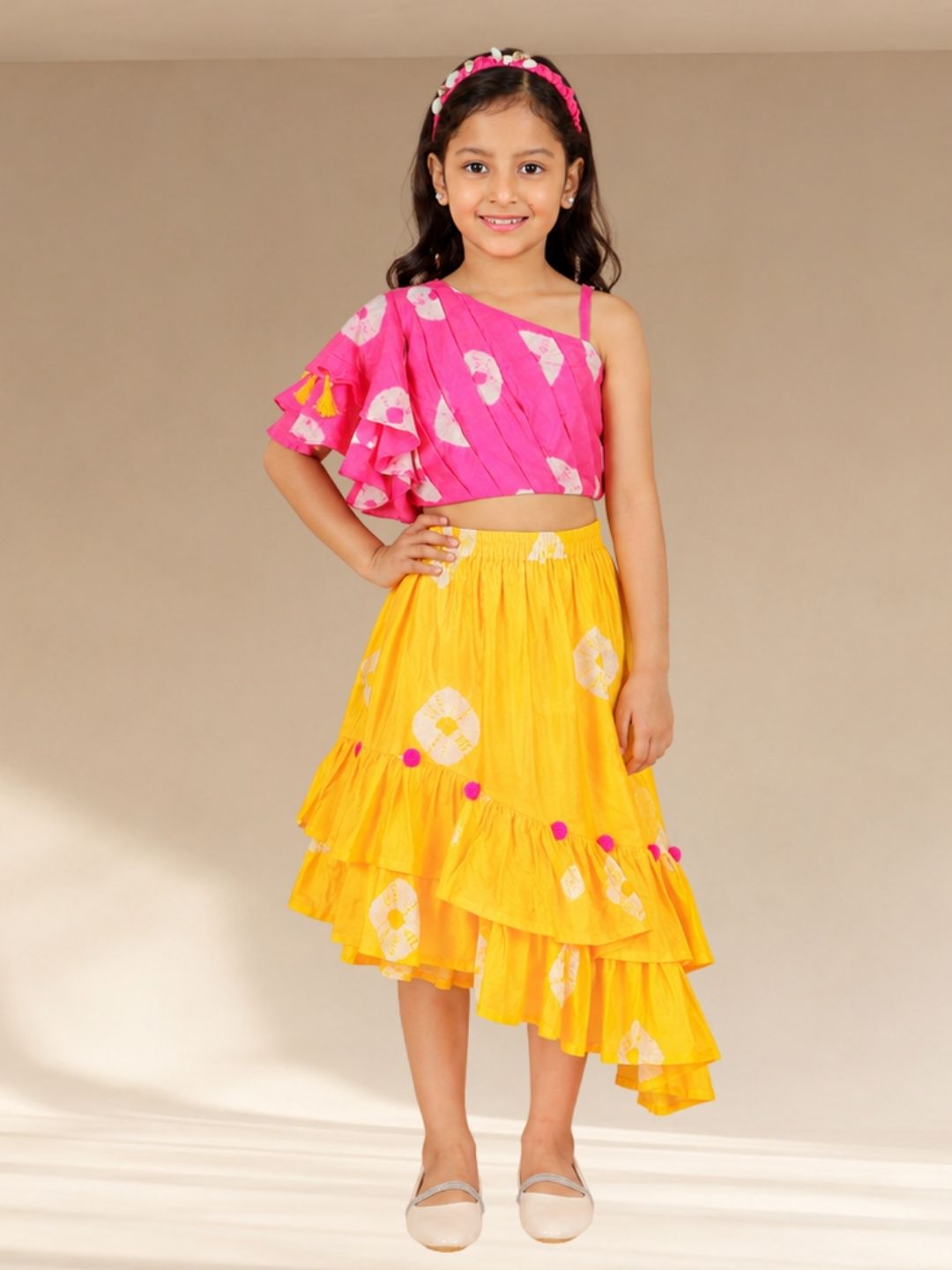 Shibori Girls Pink Crop Top with Skirt Co-ordinate set