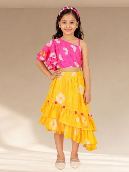 Shibori Girls Pink Crop Top with Skirt Co-ordinate set