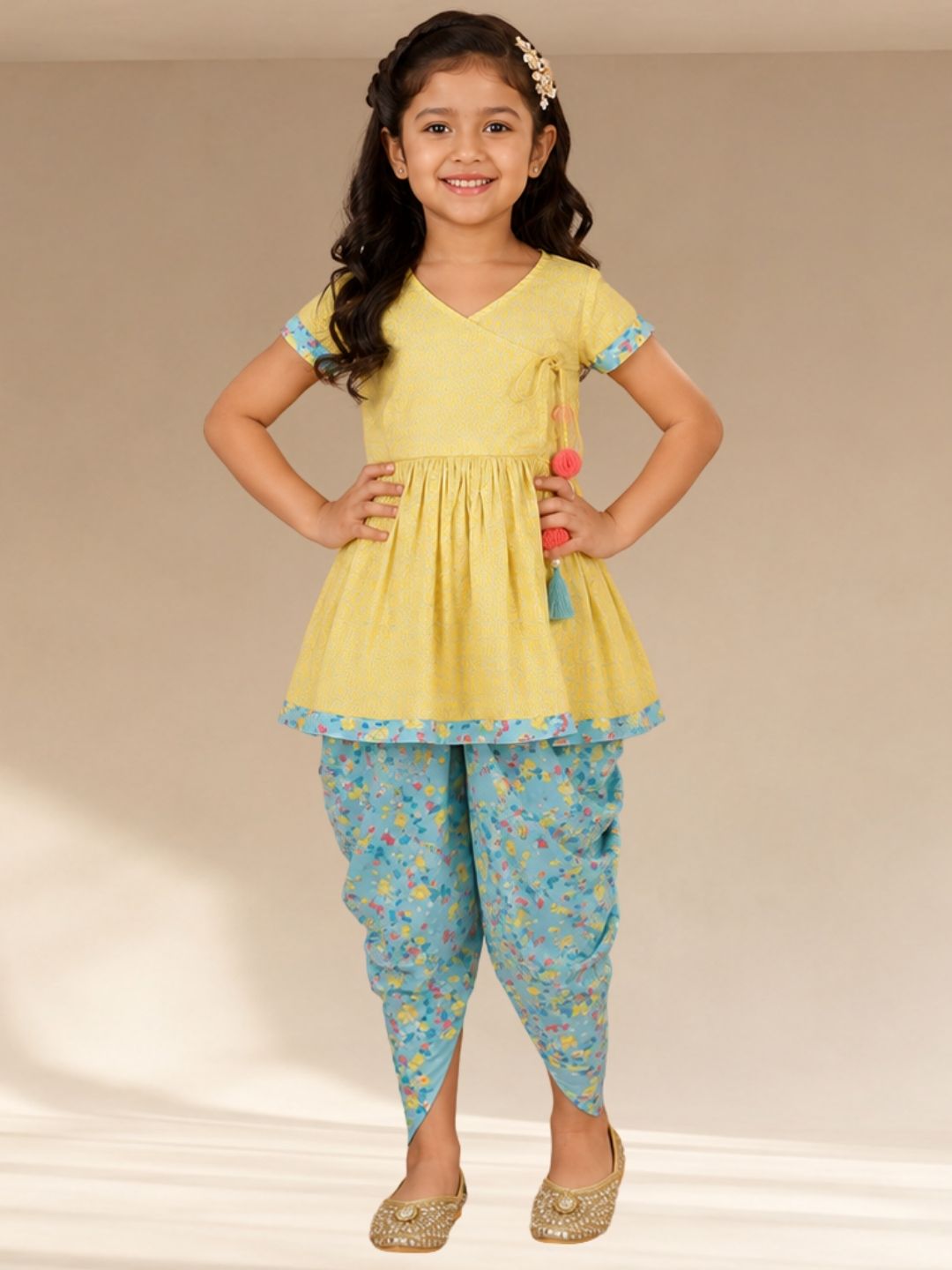 Folklore Girls Yellow Kurta with Dhoti set