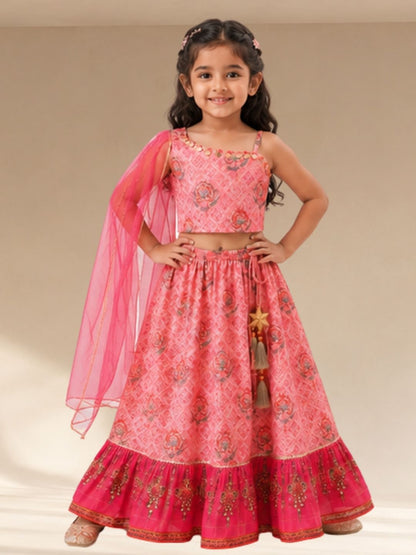 Raangoli Girls Pink Embroidered Lehanga Choli Set
