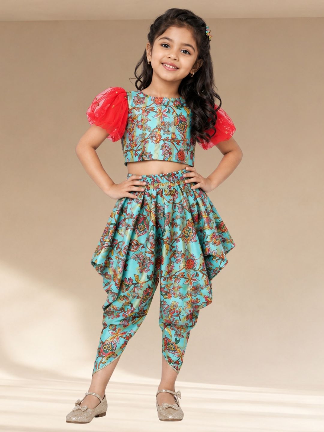 Golden Weaves  Blue Crop Top with Dhoti Co-ordinate set