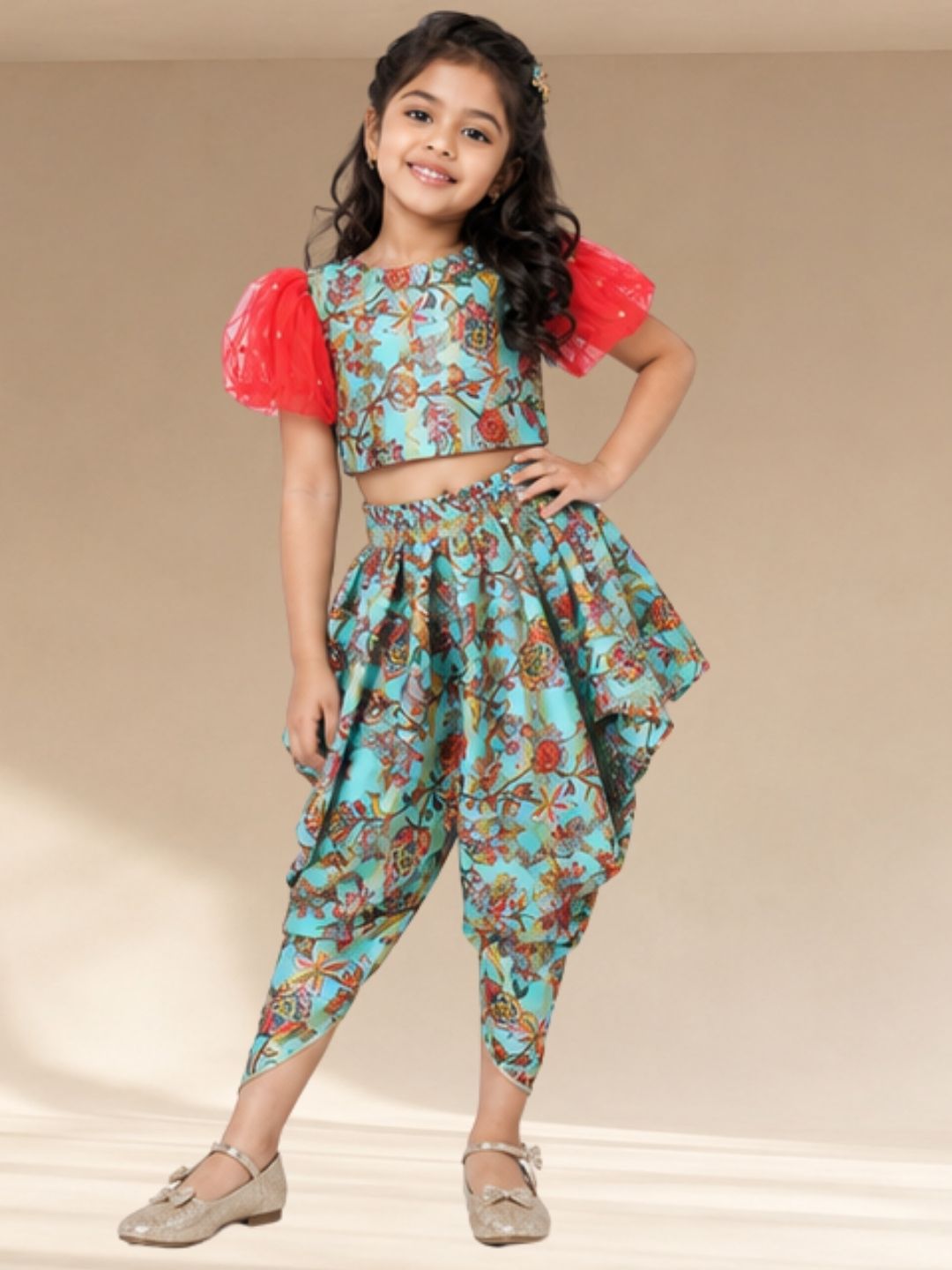 Golden Weaves  Blue Crop Top with Dhoti Co-ordinate set
