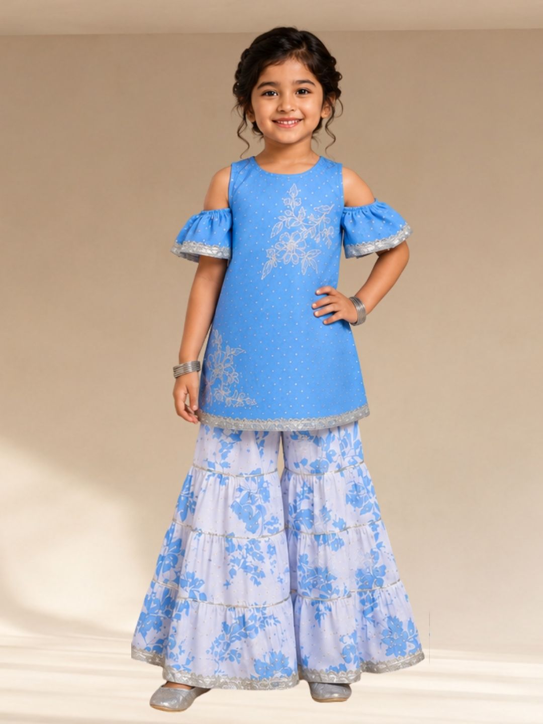 Ethnic Girls Blue Cotton Kurta with Sharara Set