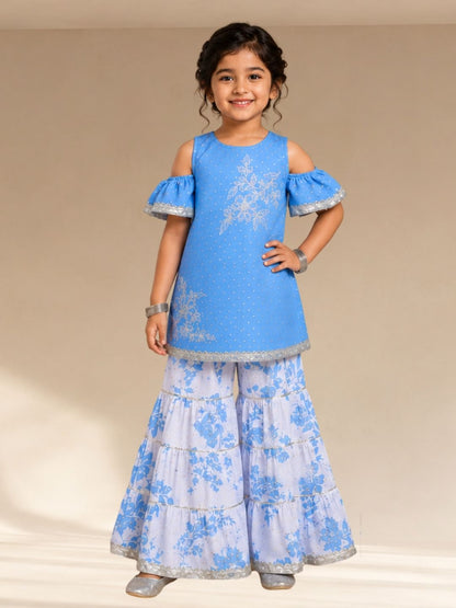 Ethnic Girls Blue Cotton Kurta with Sharara Set