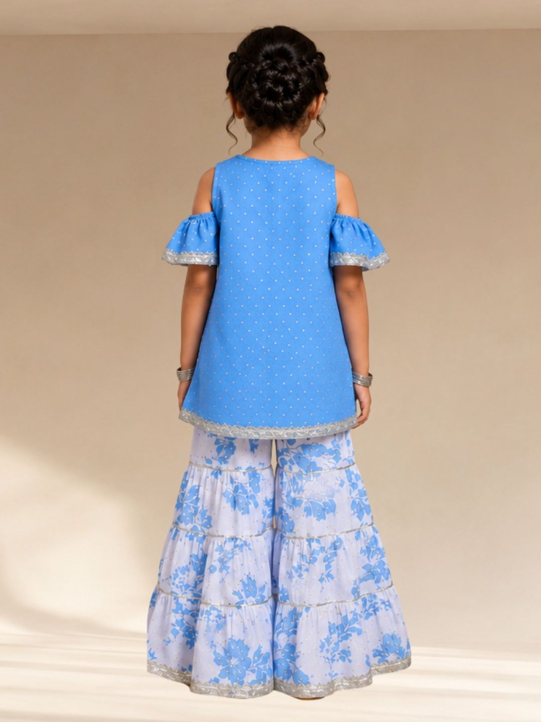 Ethnic Girls Blue Cotton Kurta with Sharara Set