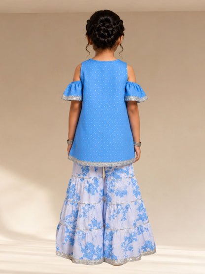 Ethnic Girls Blue Cotton Kurta with Sharara Set