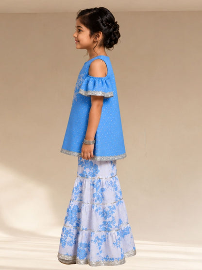 Ethnic Girls Blue Cotton Kurta with Sharara Set