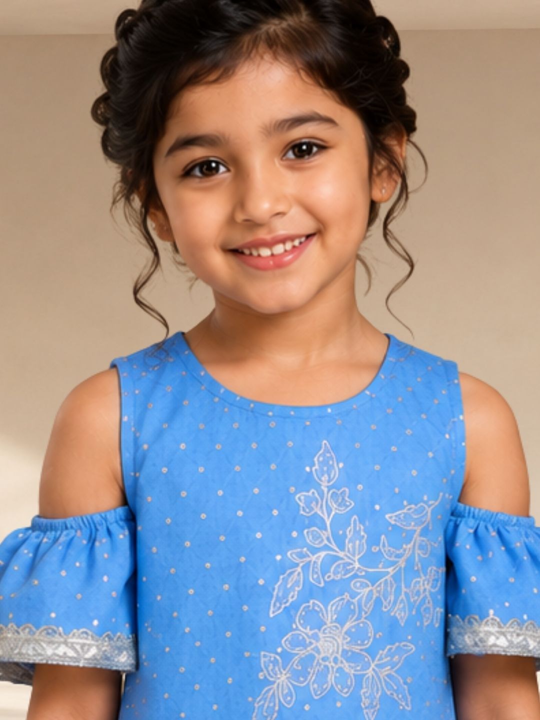 Ethnic Girls Blue Cotton Kurta with Sharara Set