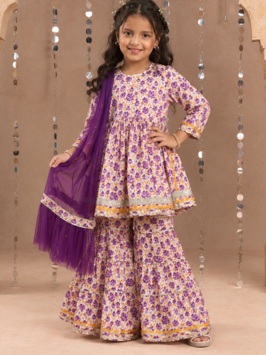 Jaipur Girls Lavender Cotton Kurta with Sharara with Dupata Ethnic Set