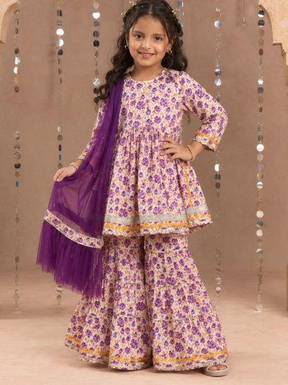 Jaipur Girls Lavender Cotton Kurta with Sharara with Dupata Ethnic Set