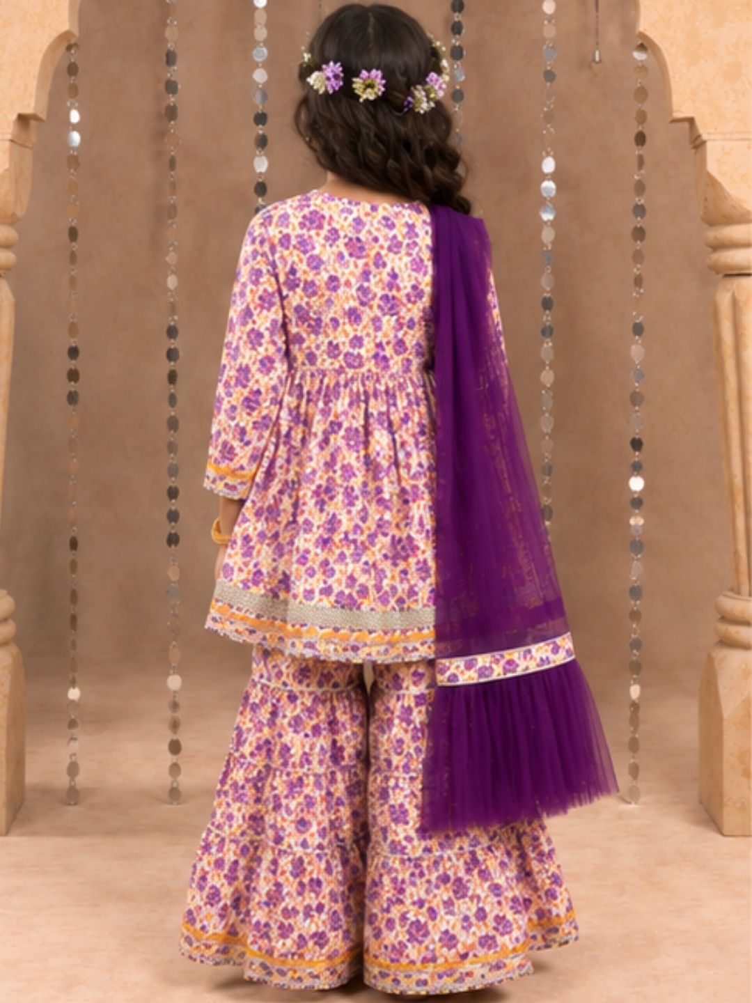 Jaipur Girls Lavender Cotton Kurta with Sharara with Dupata Ethnic Set