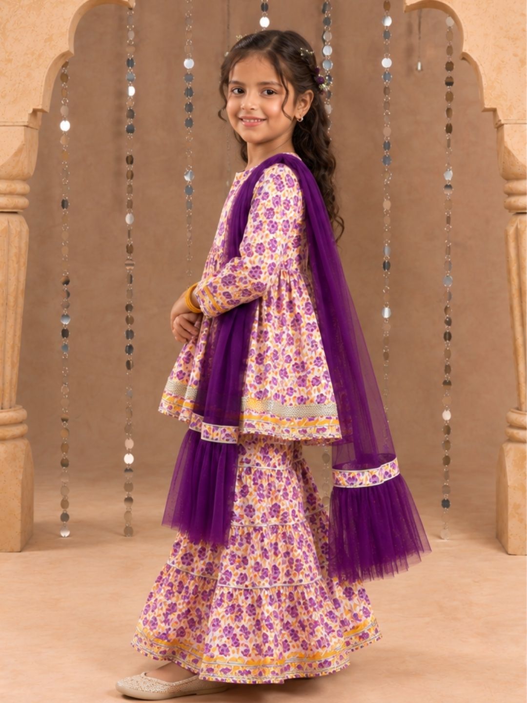 Jaipur Girls Lavender Cotton Kurta with Sharara with Dupata Ethnic Set