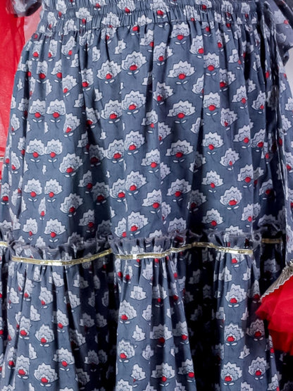 Jaipur Girls Grey Cotton Lehanga and Choli with Dupata Ethnic Set