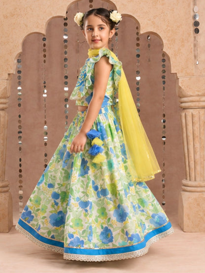 Jaipur Girls Green Cotton Lehanga and Choli with Dupata Ethnic Set