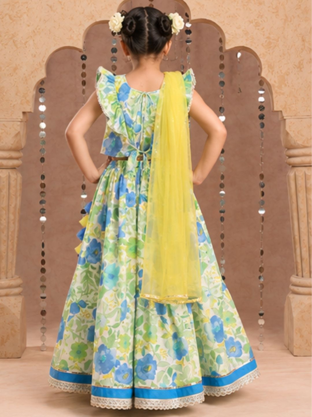 Jaipur Girls Green Cotton Lehanga and Choli with Dupata Ethnic Set