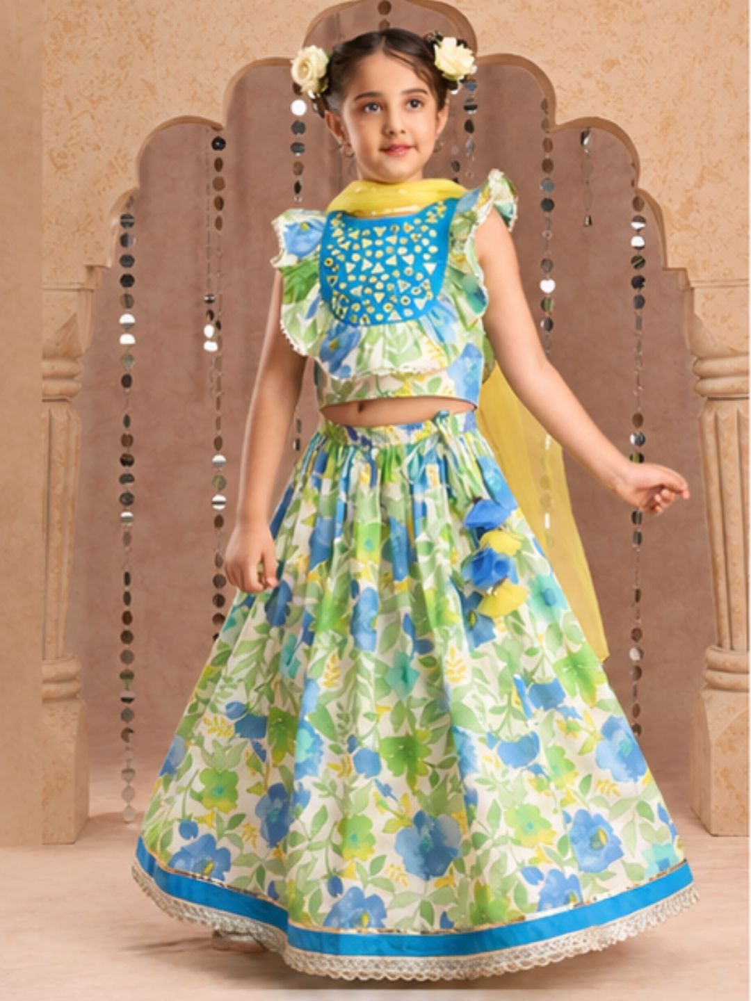 Jaipur Girls Green Cotton Lehanga and Choli with Dupata Ethnic Set