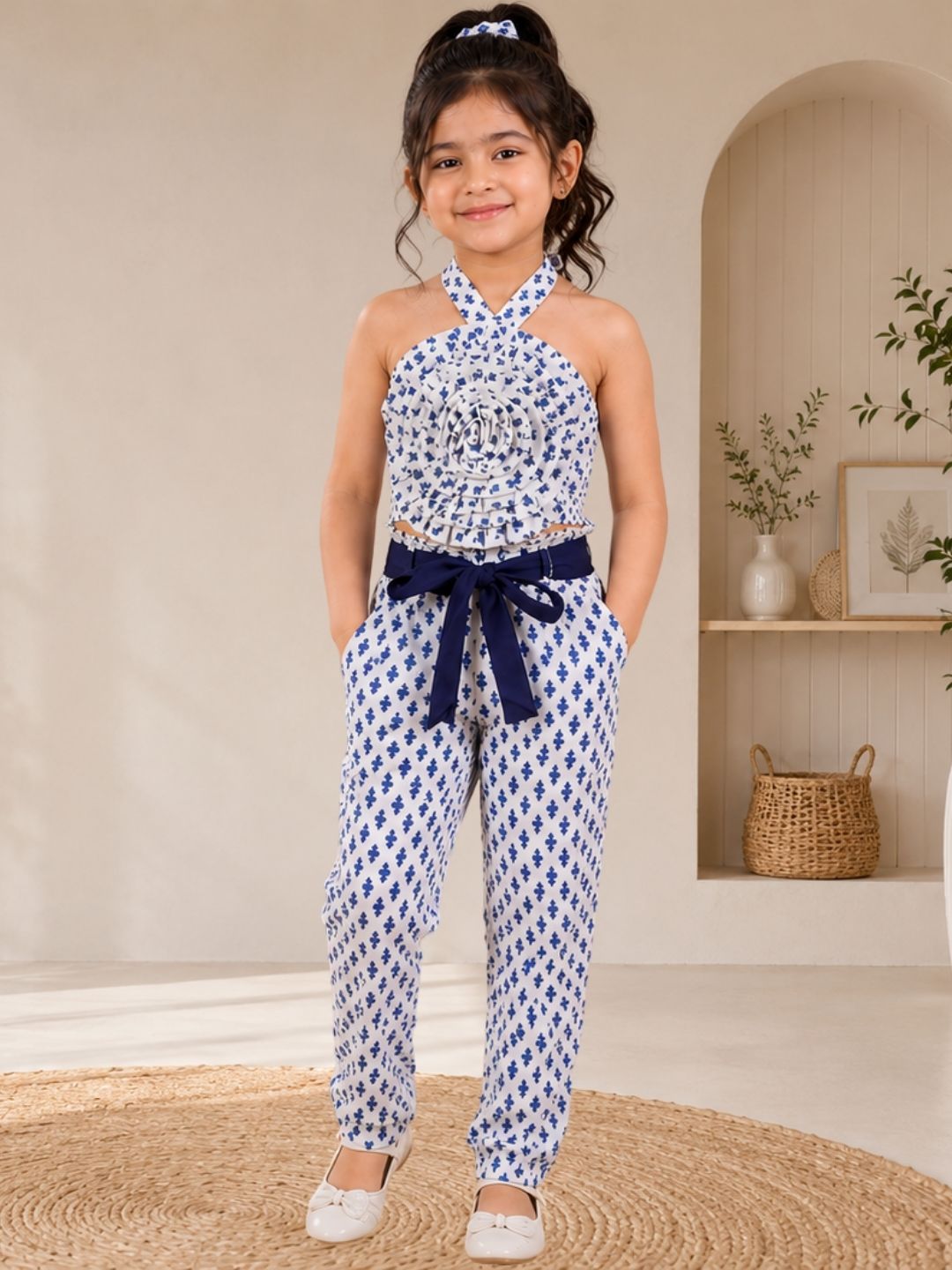 Jaipur Girls White Printed Top with Printed Pant Co-ordinate Set