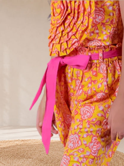 Jaipur Girls Yellow Printed Top with Printed Pant Co-ordinate Set