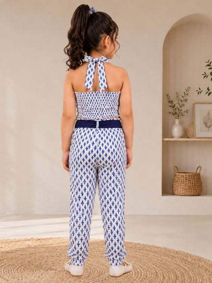 Jaipur Girls White Printed Top with Printed Pant Co-ordinate Set
