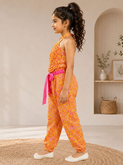 Jaipur Girls Yellow Printed Top with Printed Pant Co-ordinate Set