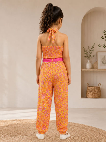 Jaipur Girls Yellow Printed Top with Printed Pant Co-ordinate Set