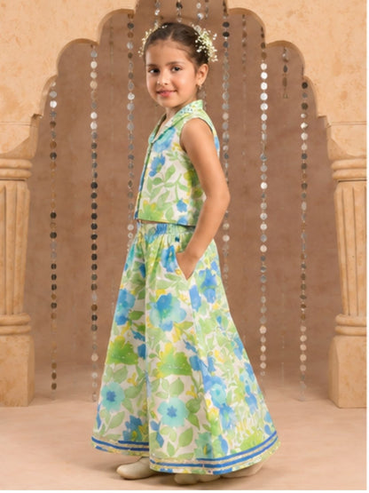 Jaipur Girls Green Cotton Top with Pant Co-ordinate Ethnic Set