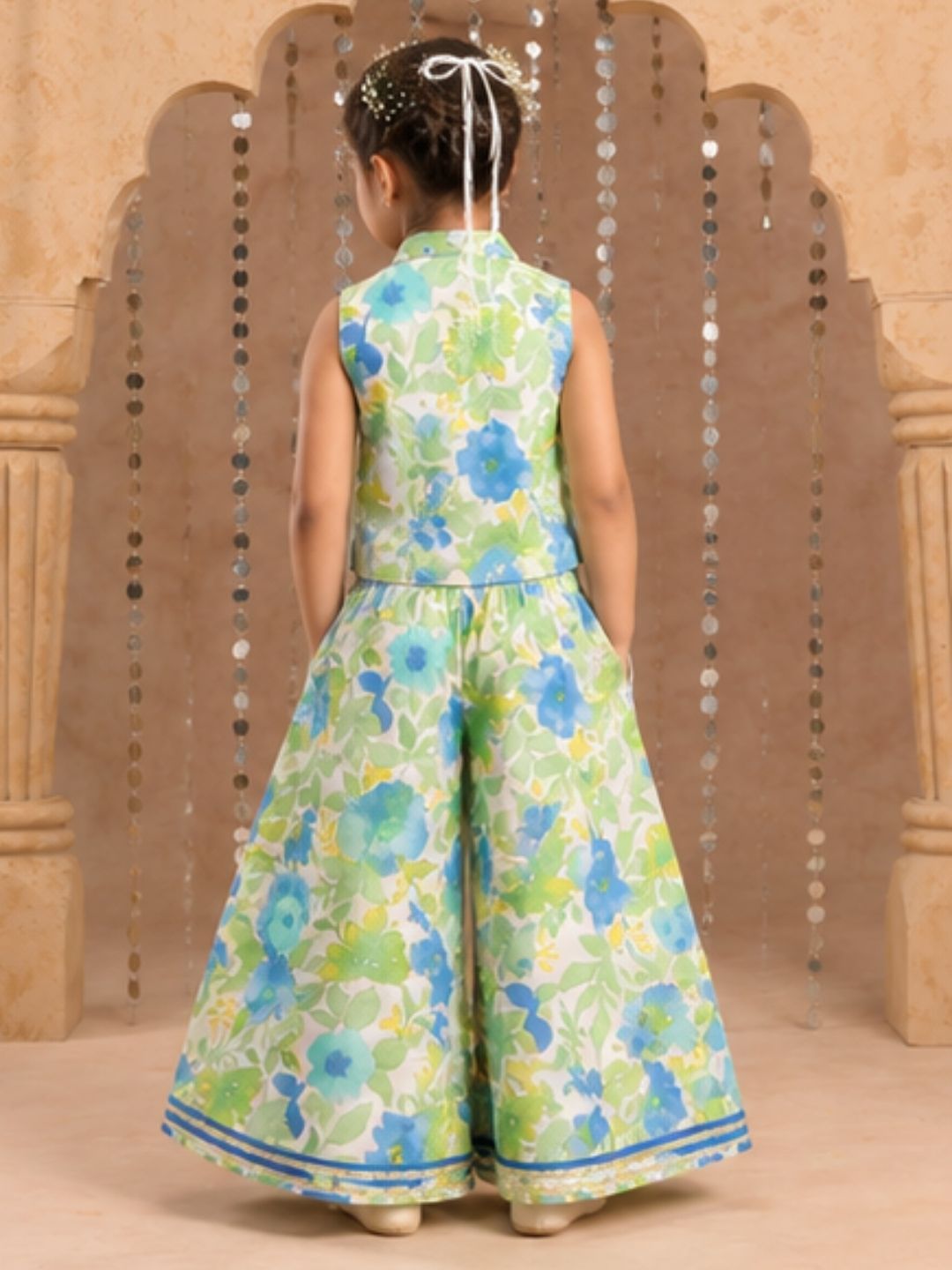 Jaipur Girls Green Cotton Top with Pant Co-ordinate Ethnic Set