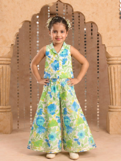 Jaipur Girls Green Cotton Top with Pant Co-ordinate Ethnic Set