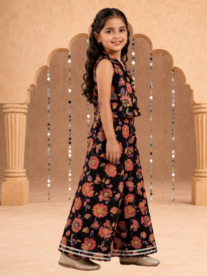 Jaipur Girls Black Cotton Top with Pant Co-ordinate Ethnic Set