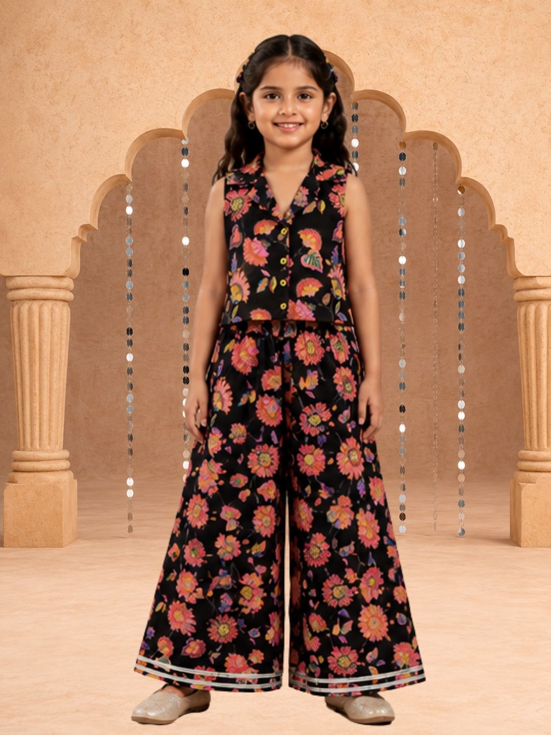 Jaipur Girls Black Cotton Top with Pant Co-ordinate Ethnic Set
