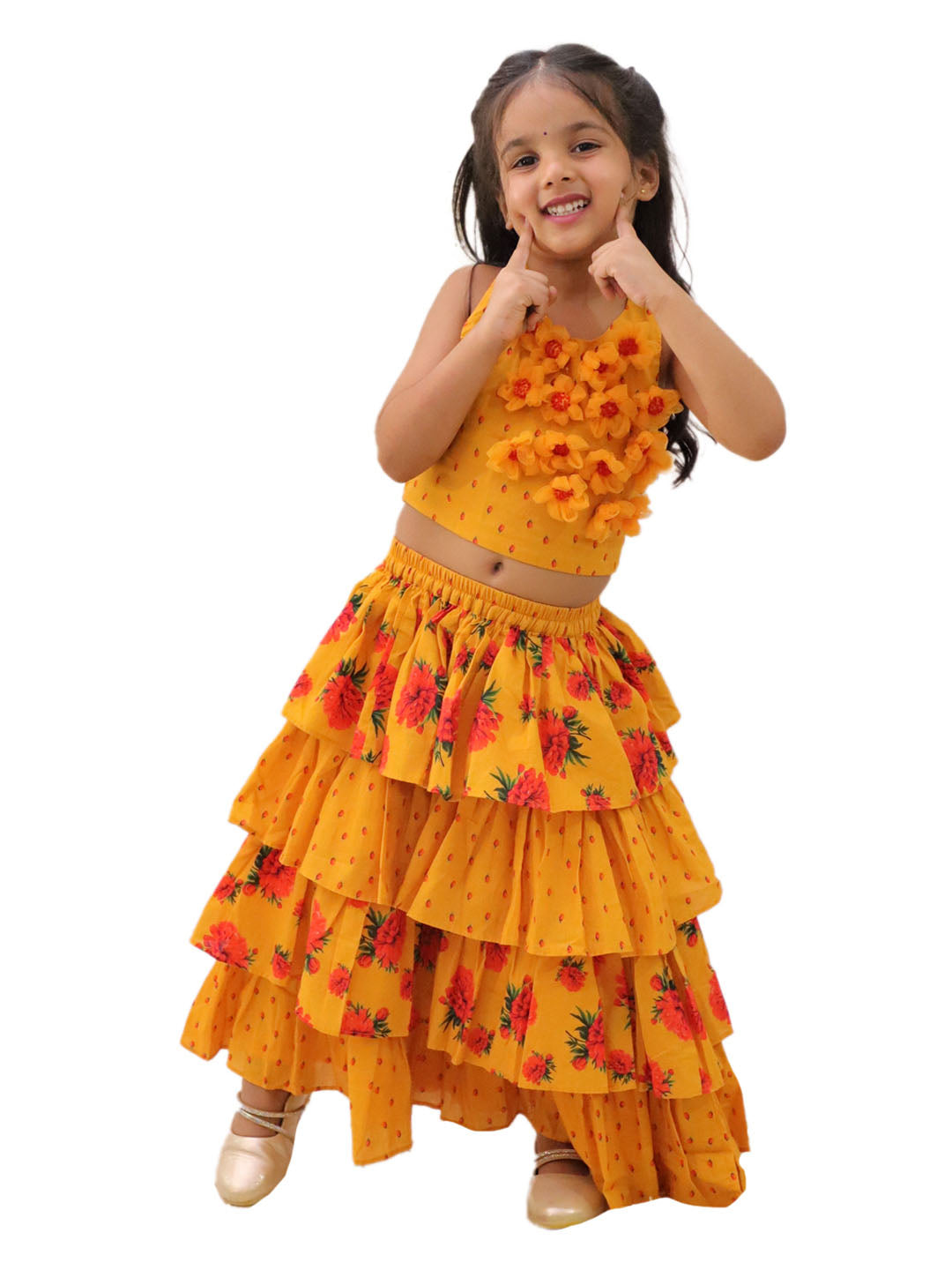 Genda Phool Mustard Choli and Lehanga Set For Girls