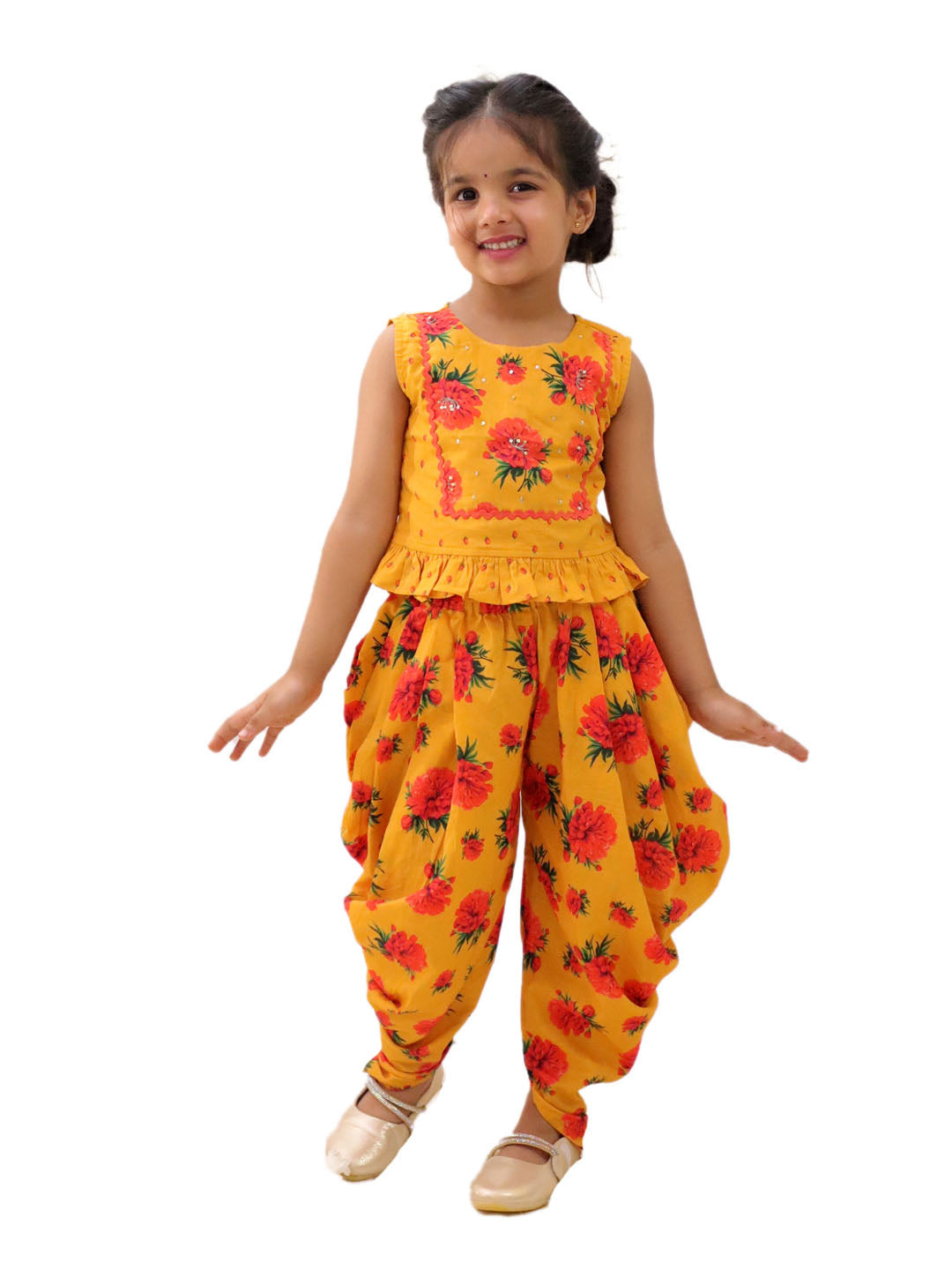 Genda Phool Mustard Crop Top and Dhoti Set For Girls