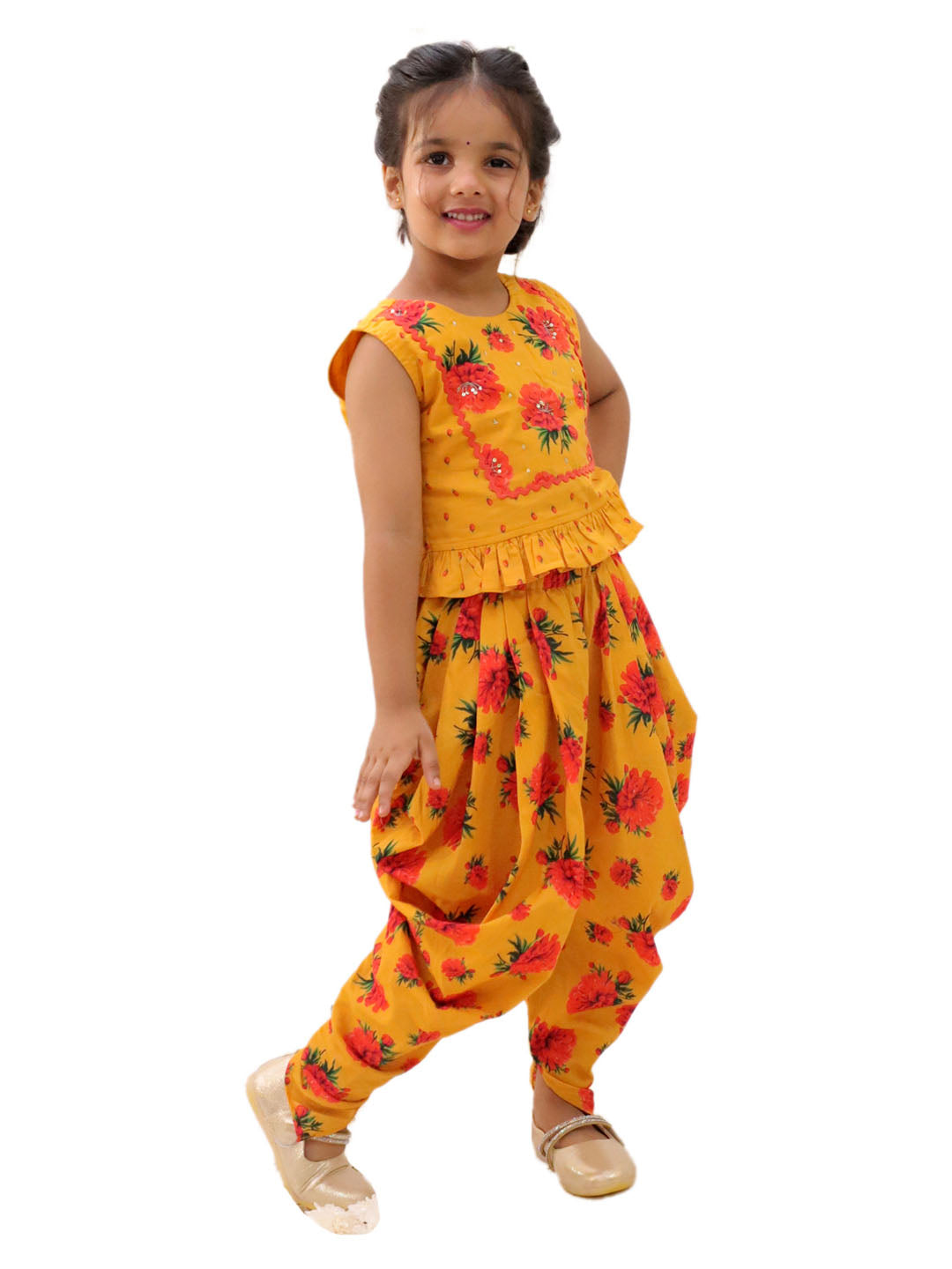 Genda Phool Mustard Crop Top and Dhoti Set For Girls