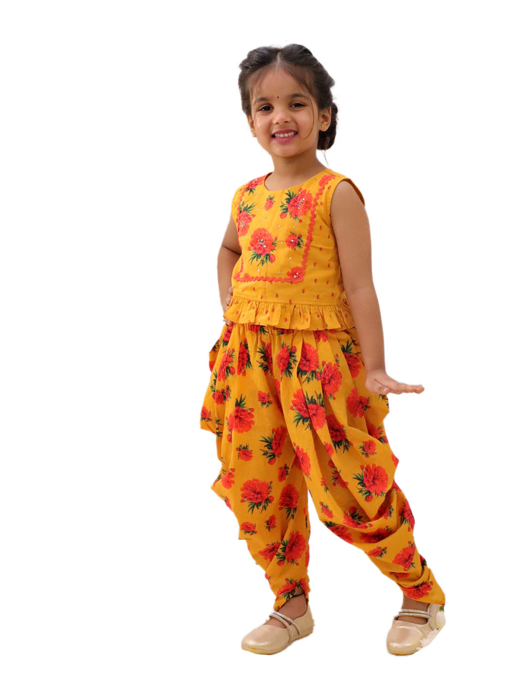 Genda Phool Mustard Crop Top and Dhoti Set For Girls