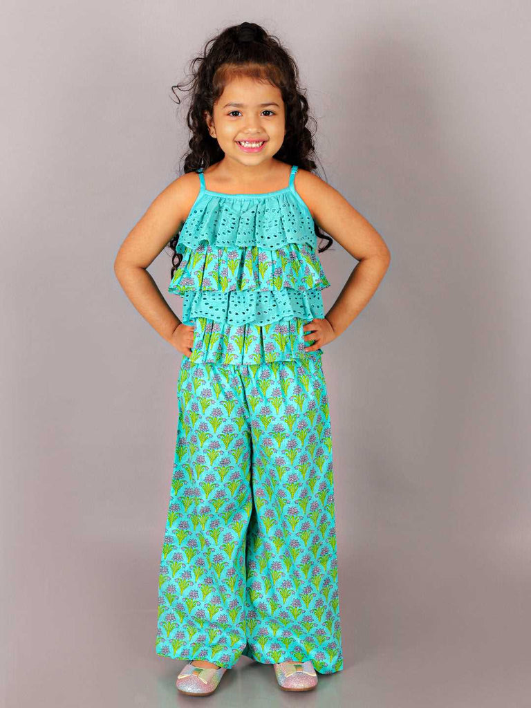 Folklore Girls Green Crop Top with Pants Co-ordinate set