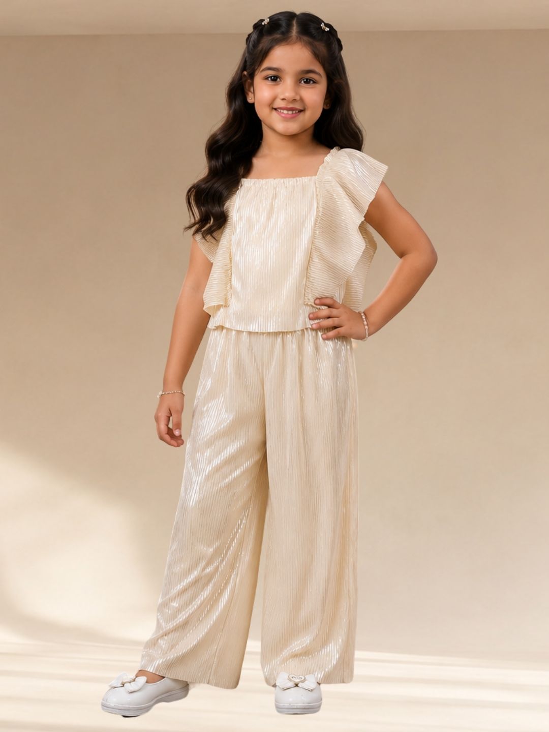 Glam Up Girls Beige Party Top and Pant Set