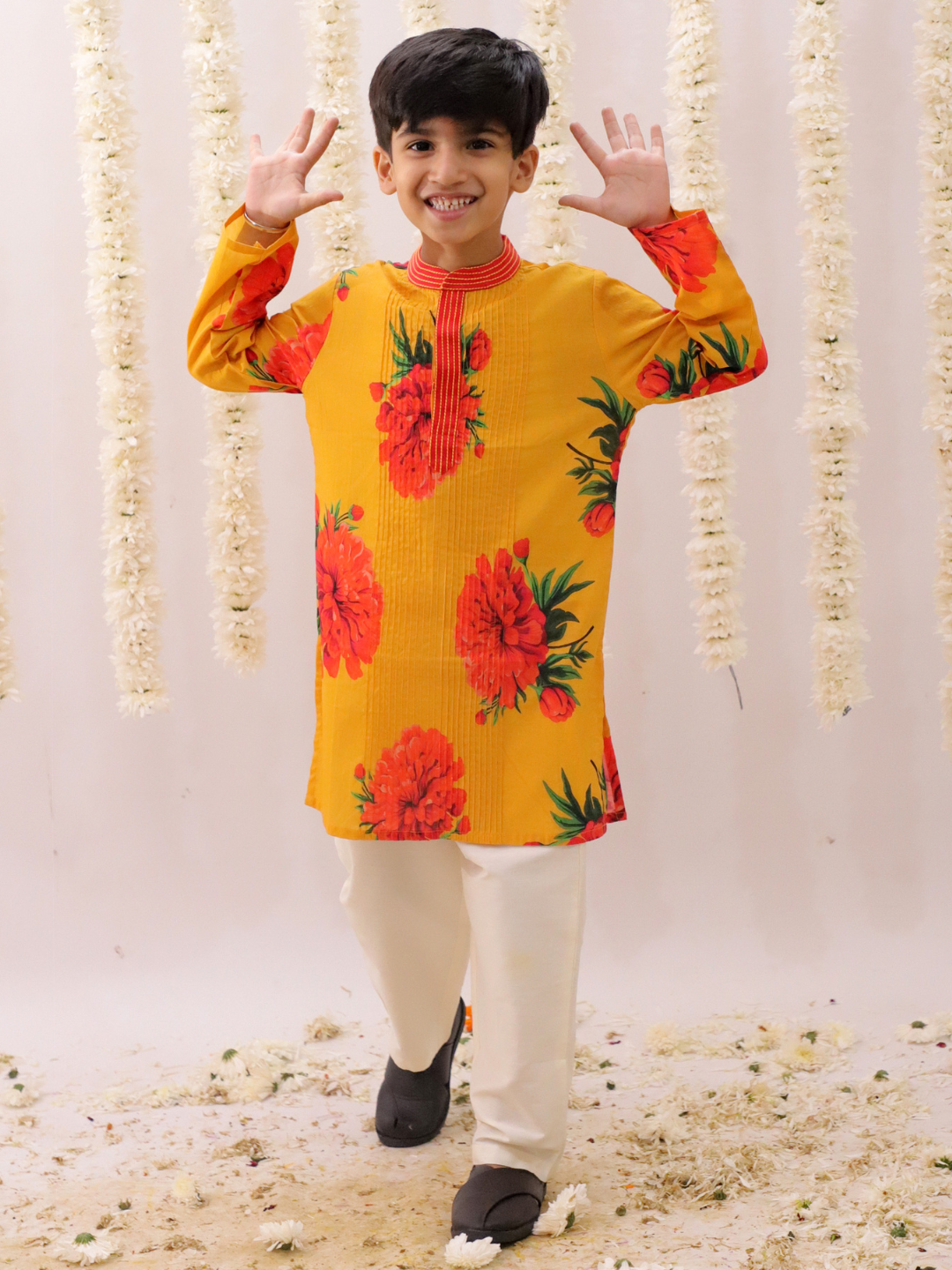 Genda Phool Mustard Kurta and White Pant Set for Boys