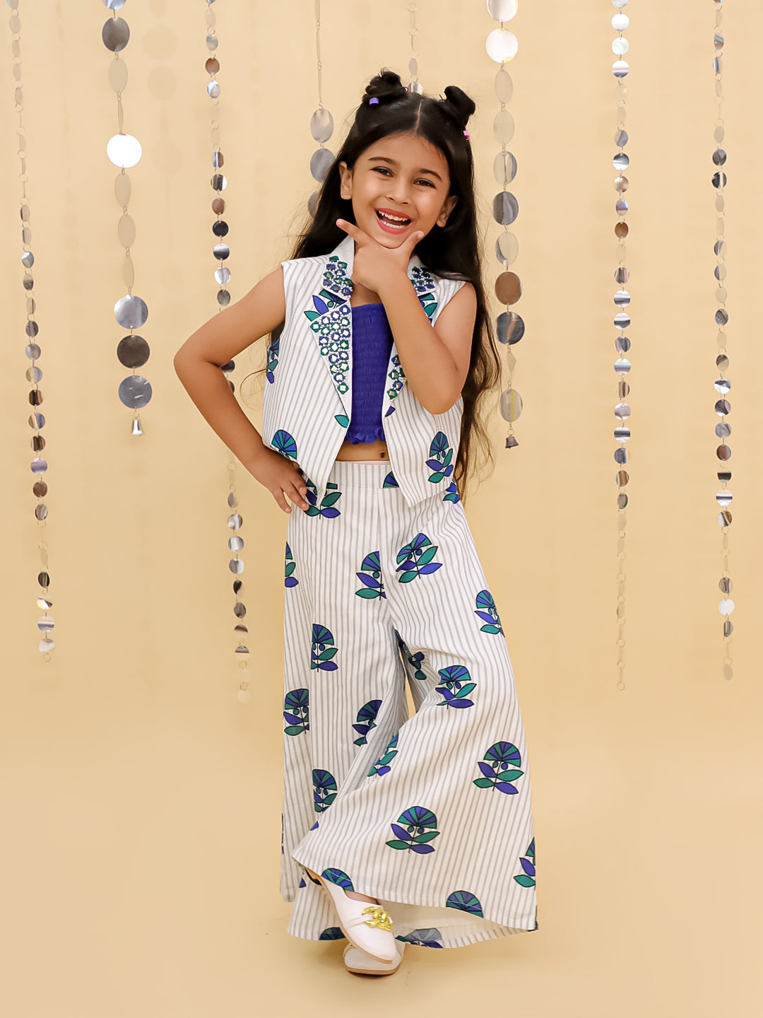 Shor-Gul White Jacket and Pant With Blue Bustier Set For Girls