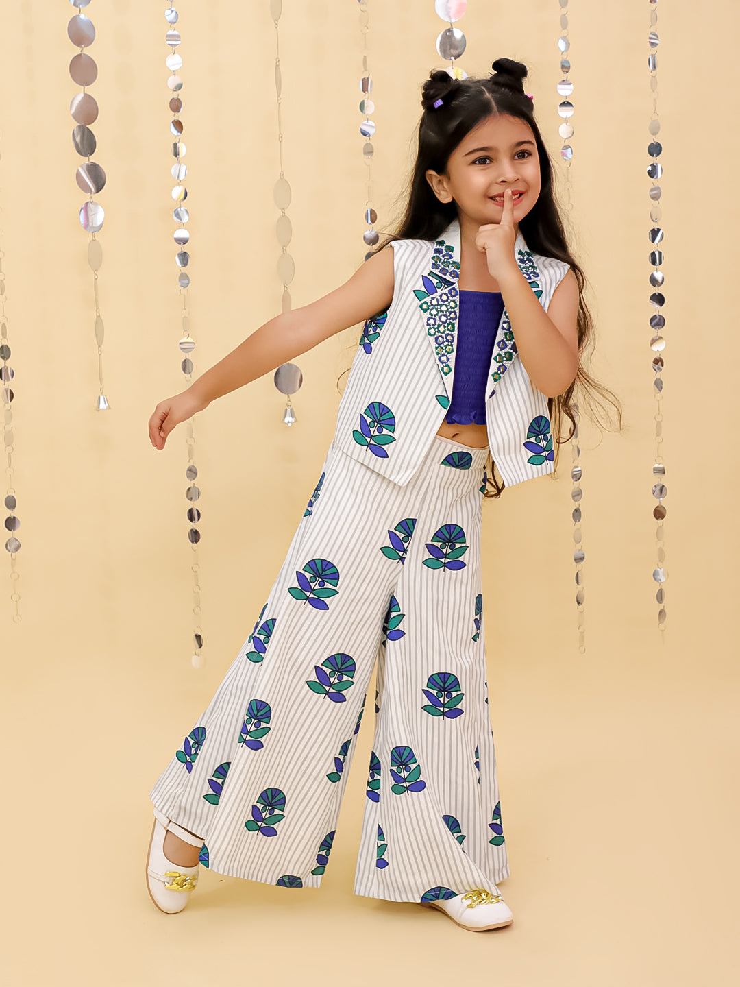 Shor-Gul White Jacket and Pant With Blue Bustier Set For Girls