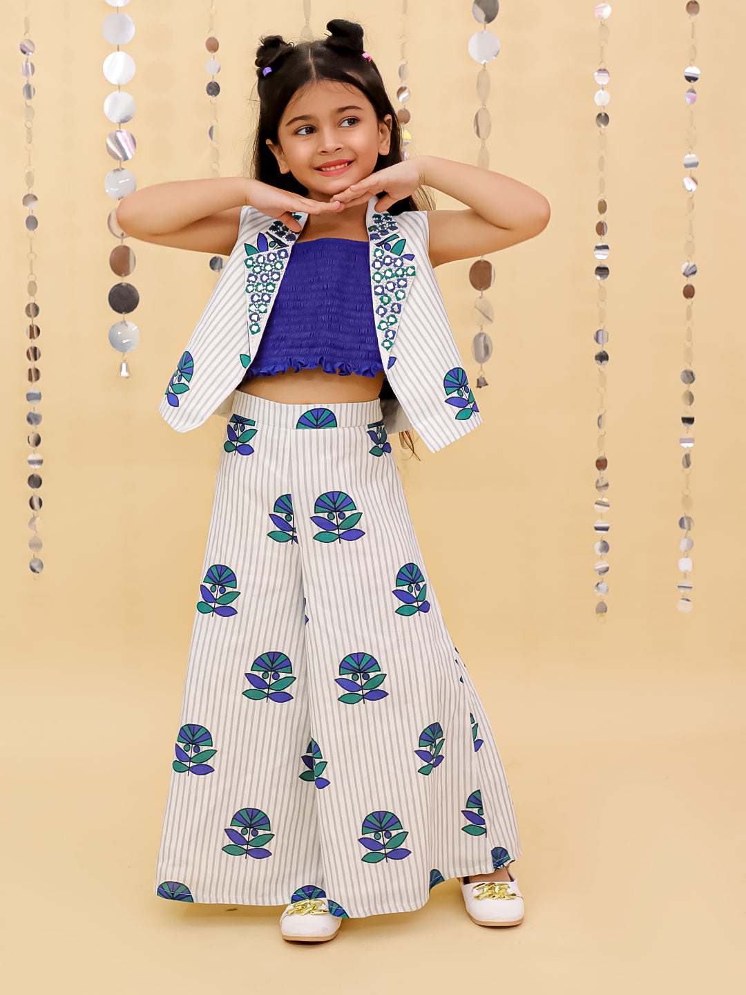 Shor-Gul White Jacket and Pant With Blue Bustier Set For Girls