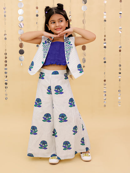 Shor-Gul White Jacket and Pant With Blue Bustier Set For Girls