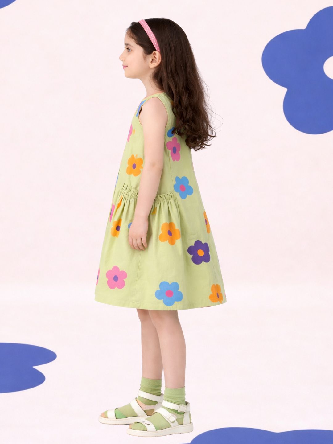 Petal Play Girls Green Cotton Floral Dress