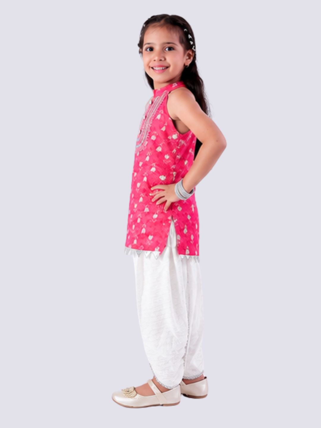 Jaipur Girls Red Cotton Kurta with Dhoti Ethnic Set