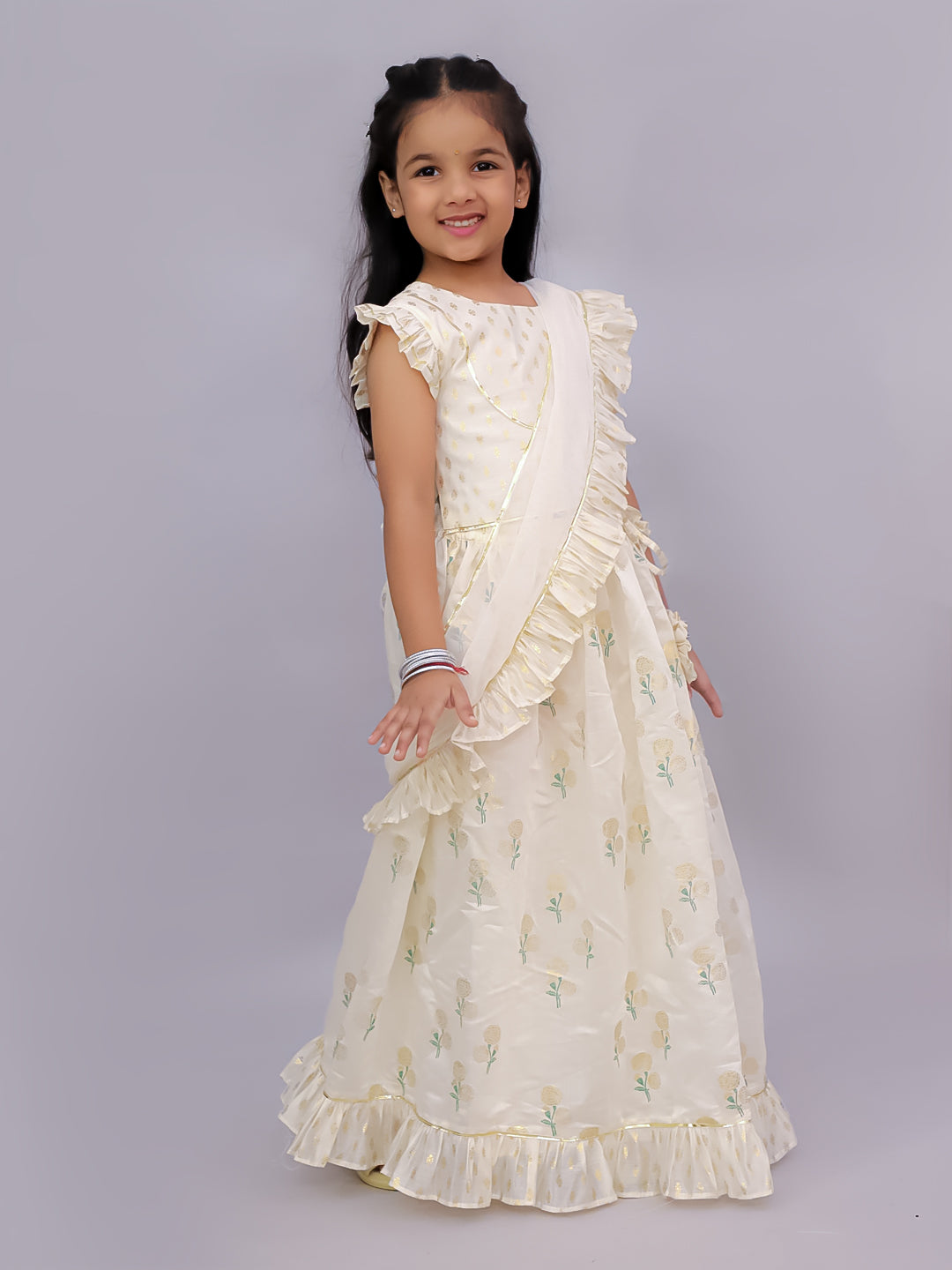 Mishti Off White Lehanga Choli Dupatta Set For Girls