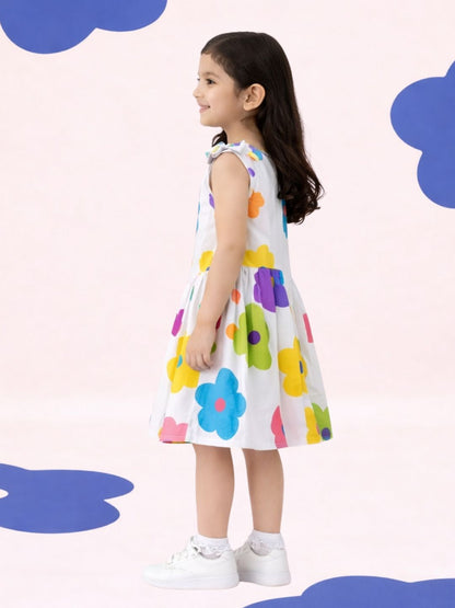 Petal Play Girls White Cotton Floral Dress