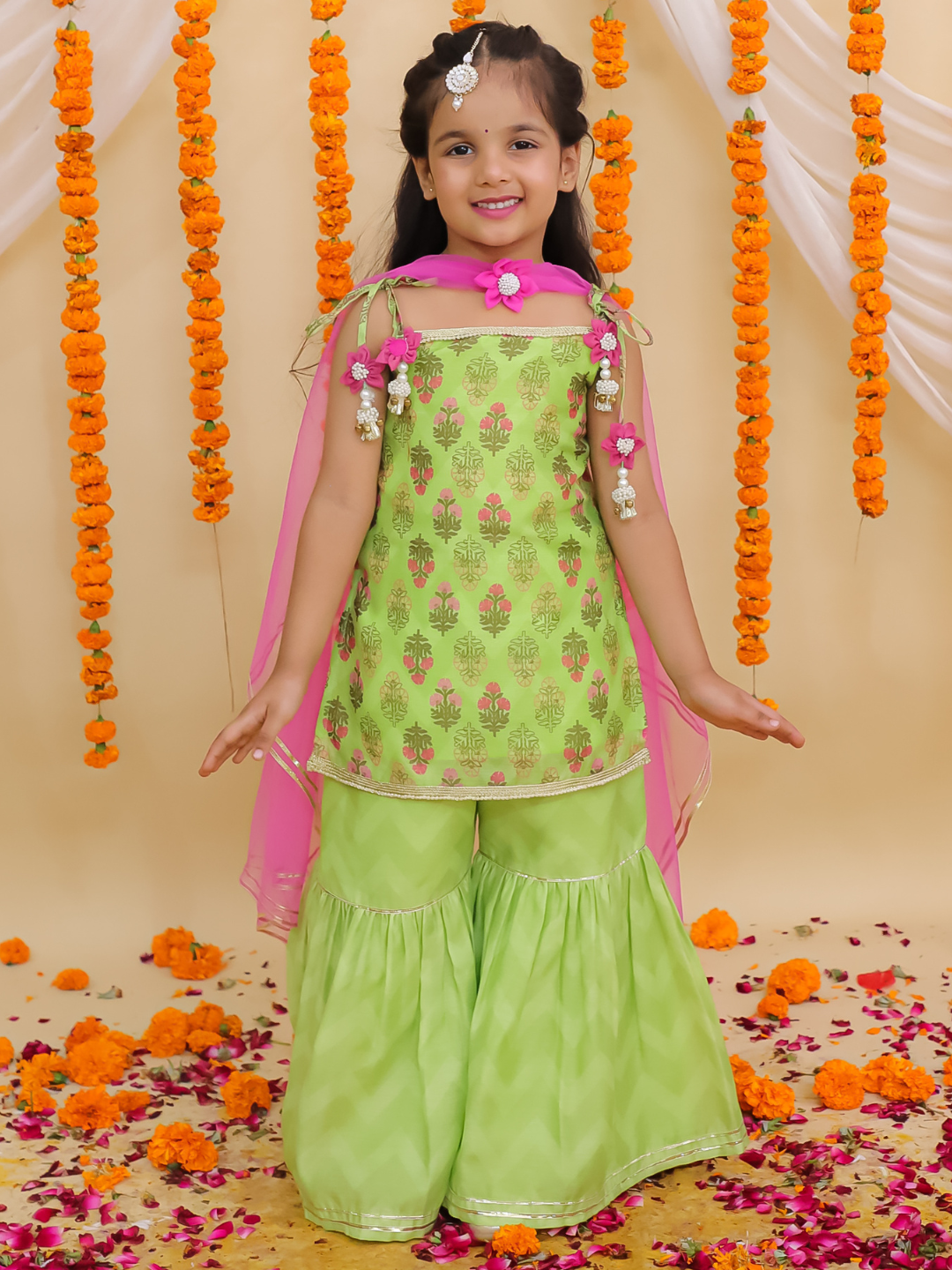 Mishti Green Kurta Sharara with Pink Dupatta Set For Girls
